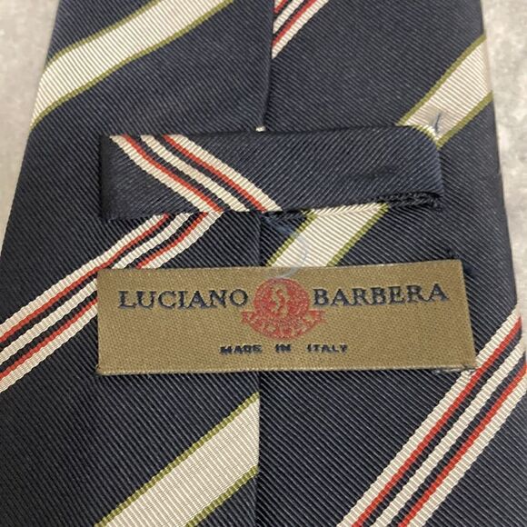 Luciano Barbera Silk/Cotton Tie in Navy with Red & Tan Diagonal Stripe. - Picture 4 of 8
